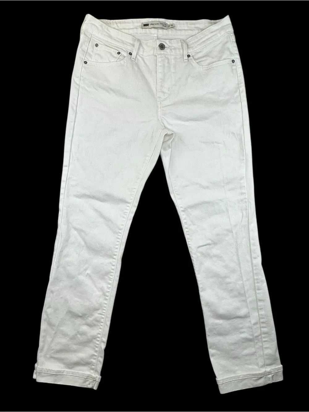 Levis Demi Curve Classic Rise Straight Leg Cuffed Size 12 White Jeans Inseam 30”